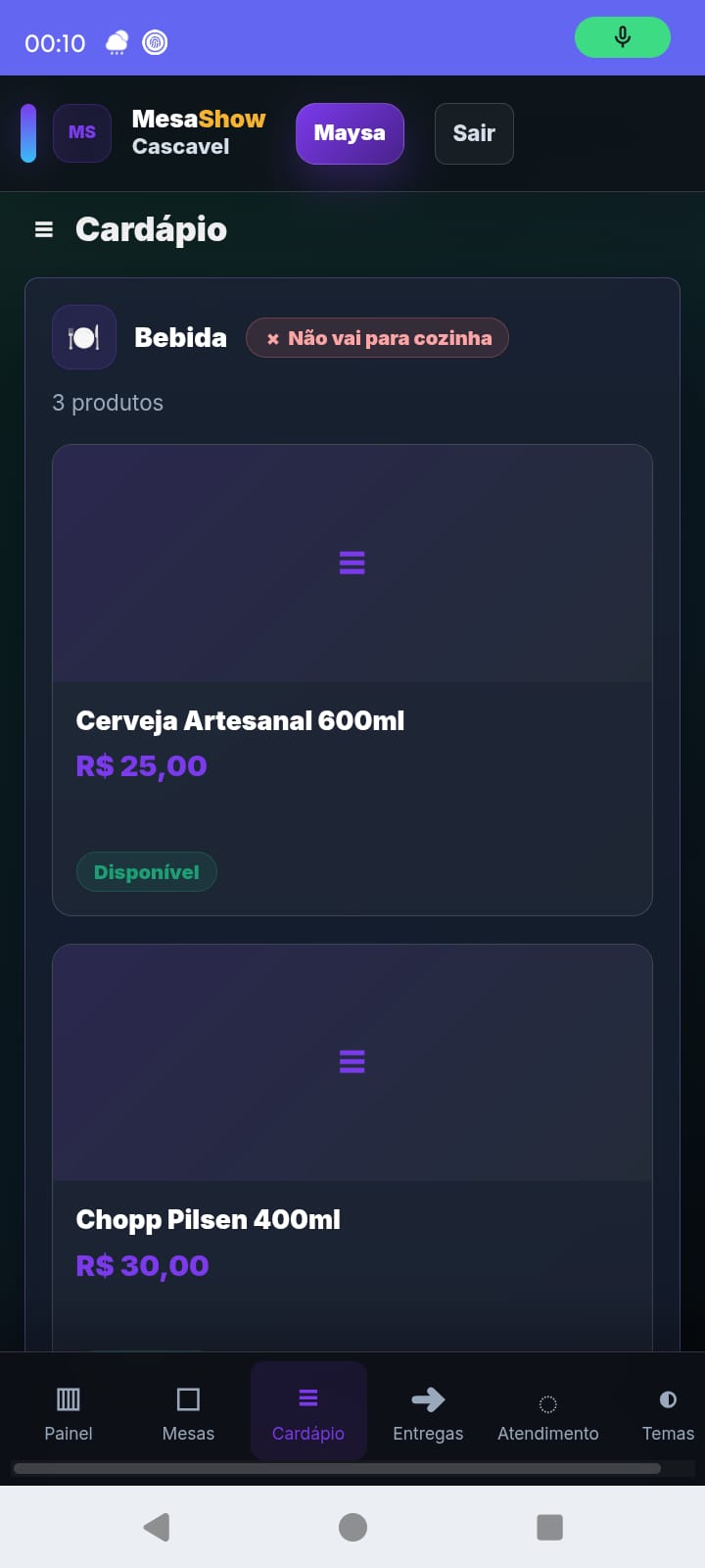 Cardápio do garçom